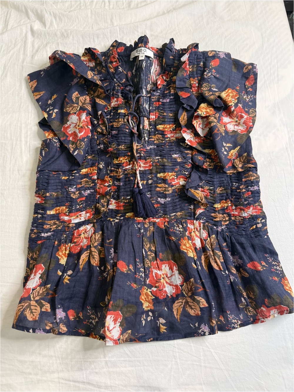 Sea Navy Floral Smocked Ruffle Blouse